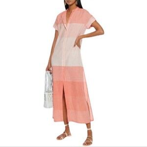 Onia Renee Striped Cotton Gauze Maxi Shirt Dress Cover-Up Coral M